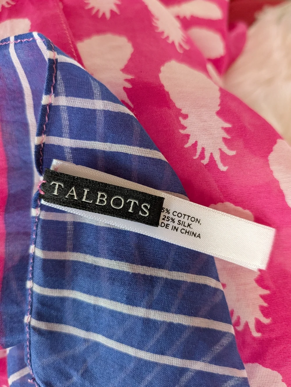 Talbots Pink Pineapple Print Scarf with Blue Striped Border 75% Cotton 25% Silk